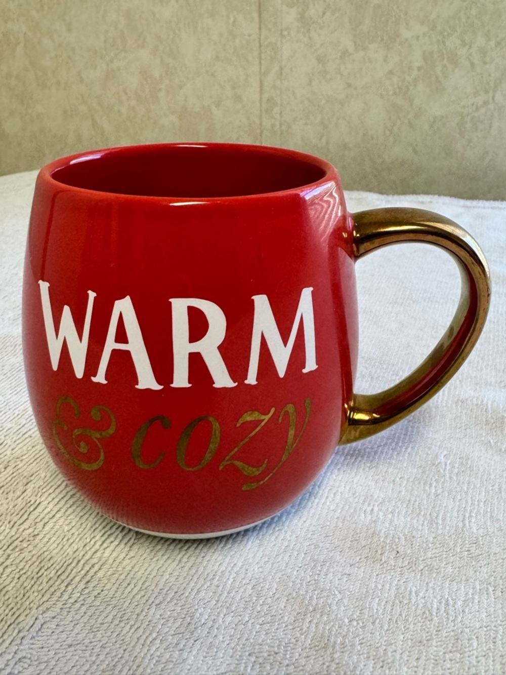 Threshold Red Ceramic Mug with Gold Handle - "WARM & COZY"